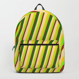 [ Thumbnail: Vibrant Beige, Yellow, Chartreuse, Red & Green Colored Pattern of Stripes Backpack ]