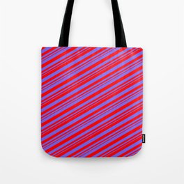 [ Thumbnail: Medium Slate Blue and Red Colored Lined Pattern Tote Bag ]