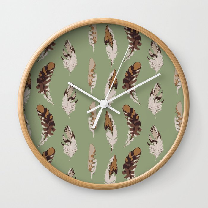 Hawk Feathers on Green Wall Clock