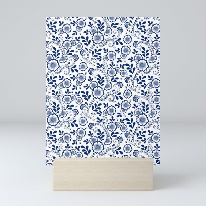 Blue Eastern Floral Pattern Mini Art Print