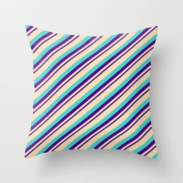 [ Thumbnail: Indigo, Tan, and Turquoise Colored Striped/Lined Pattern Throw Pillow ]