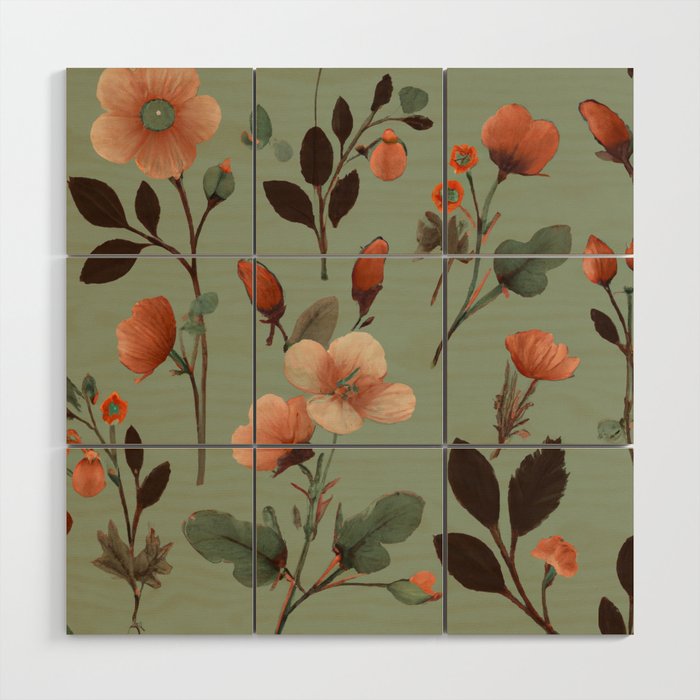 Sage Green Floral Pattern Wood Wall Art