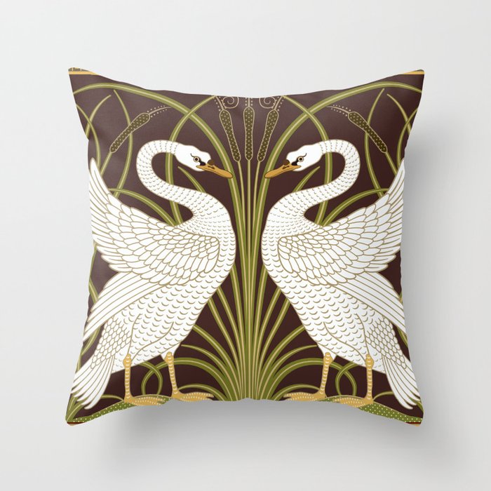Walter Crane Swans Rush and Iris Vintage Swan Brown & White Design Throw Pillow