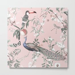 Oriental Peacock Pink Metal Print | Romantic, Pattern, Chinoiserie, Elegant, Painting, Asian, Birds, Floral, Jungle, Peacock 