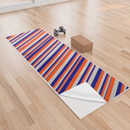 [ Thumbnail: Blue, Light Gray & Red Colored Lined Pattern Yoga Towel ]