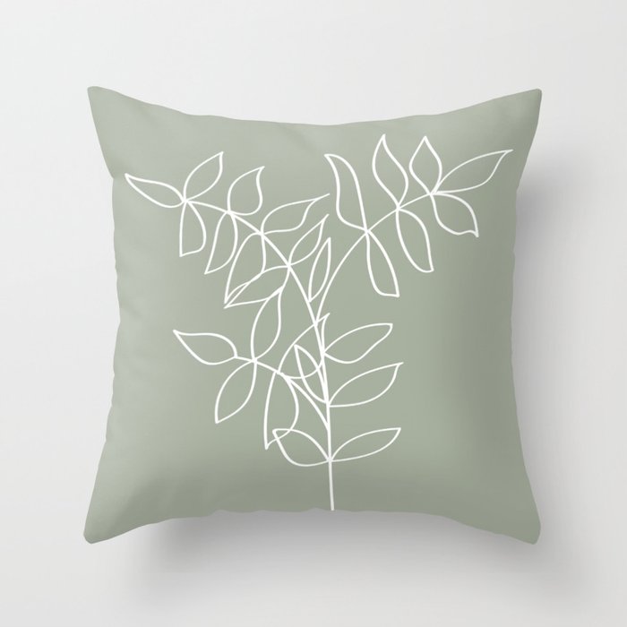 Sage Green, Plant Line Art Illustration Throw Pillow