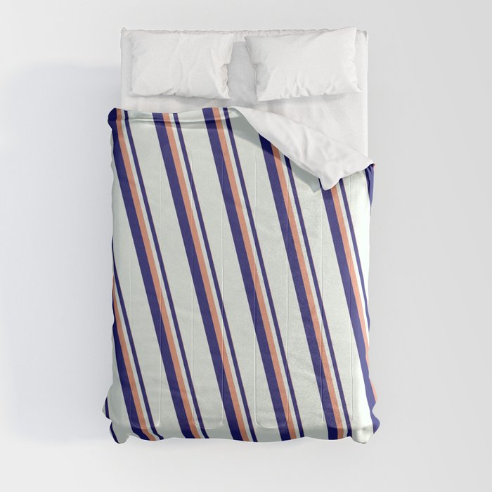 Dark Salmon, Midnight Blue & Mint Cream Colored Stripes Pattern Comforter
