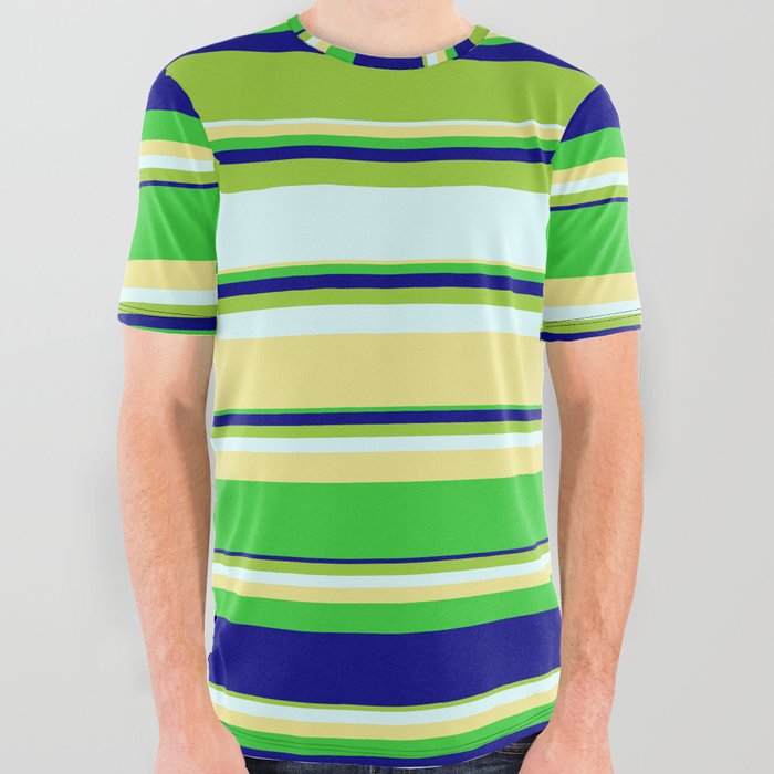 Vibrant Green, Light Cyan, Tan, Lime Green & Blue Colored Stripes/Lines Pattern All Over Graphic Tee