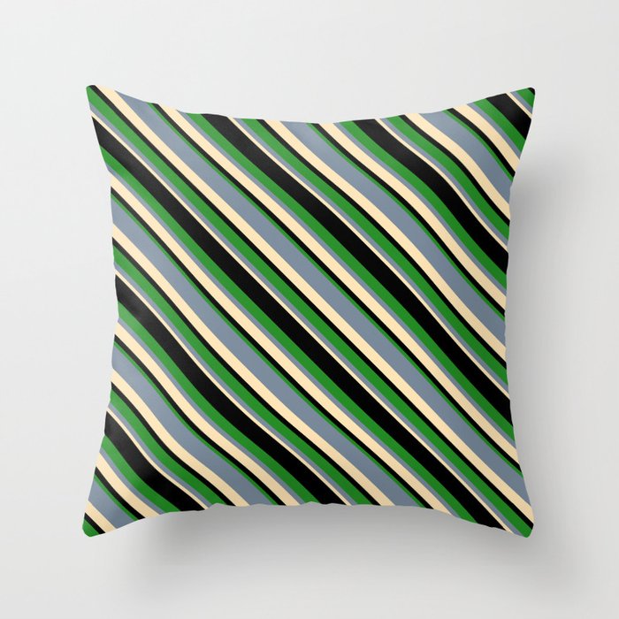 Light Slate Gray, Beige, Black, and Forest Green Colored Lined Pattern Throw Pillow