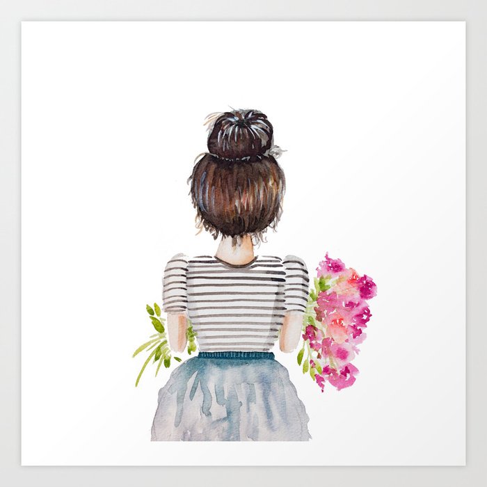 Brunette Girl with Flowers Art Print