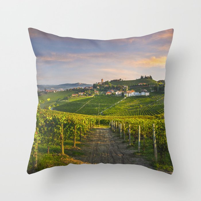 Barbaresco and Vineyards after Sunrise. Langhe, Italy Throw Pillow