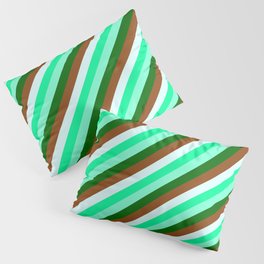 [ Thumbnail: Eyecatching Green, Aquamarine, Dark Green, Brown & Light Cyan Colored Stripes/Lines Pattern Pillow Sham ]