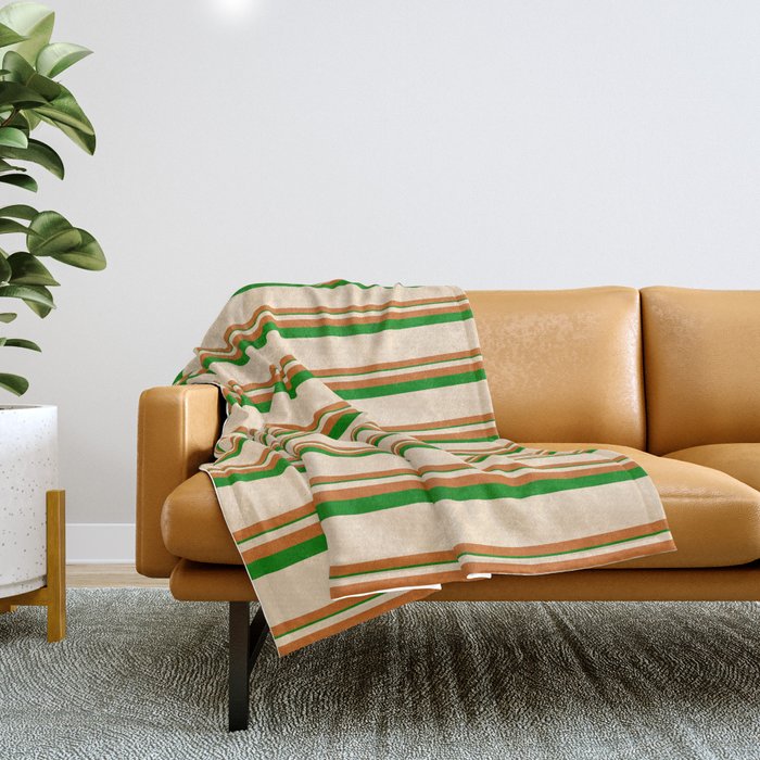 Bisque, Chocolate, and Green Colored Striped Pattern Throw Blanket