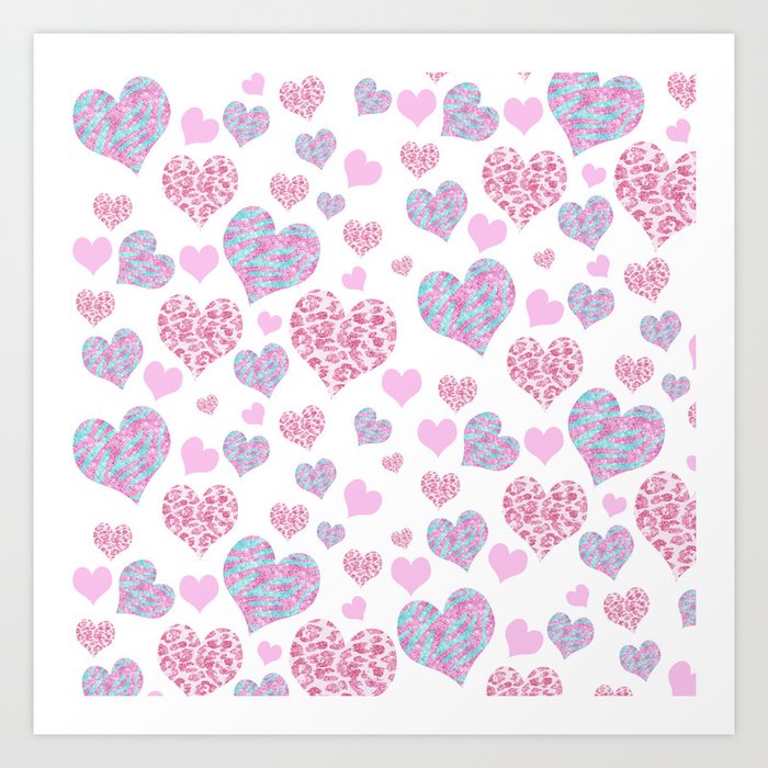 Be My Valentine's | Cute Love Hearts Pattern Pink Teal Glitter Leopard Zebra Stripes Art Print
