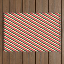 [ Thumbnail: Dark Green, White, Red & Hot Pink Colored Stripes/Lines Pattern Outdoor Rug ]