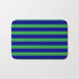 [ Thumbnail: Dark Blue and Lime Green Colored Stripes/Lines Pattern Bath Mat ]