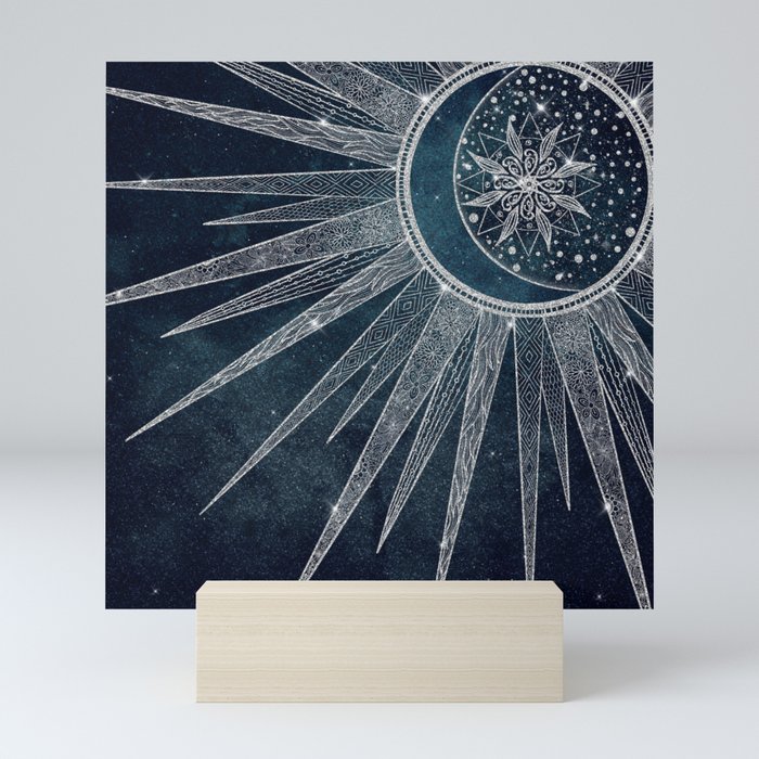 Elegant Silver Sun Moon Doodle Mandala Blue Design Mini Art Print