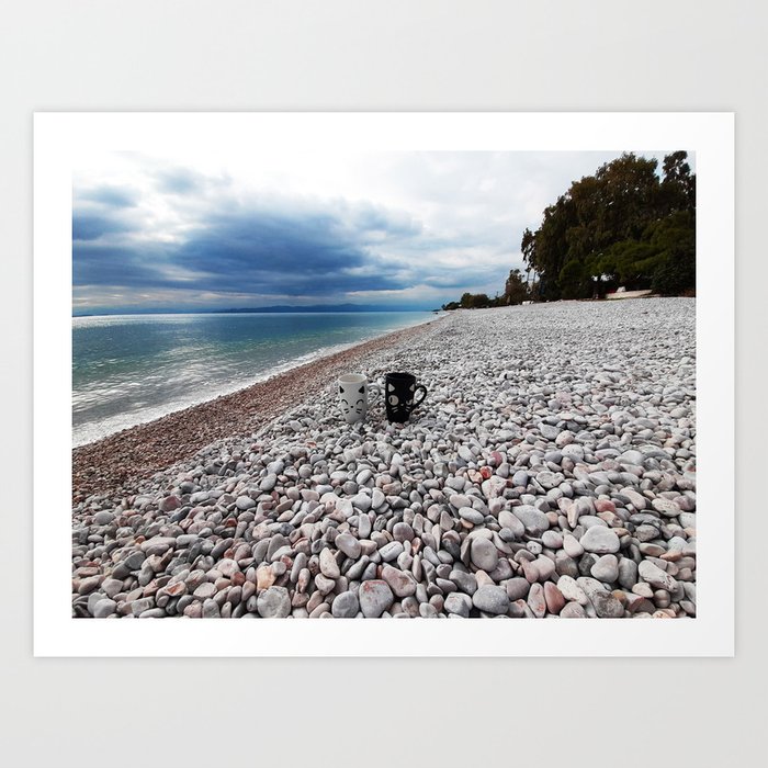 Cups with a cat on a background of the sea Art Print