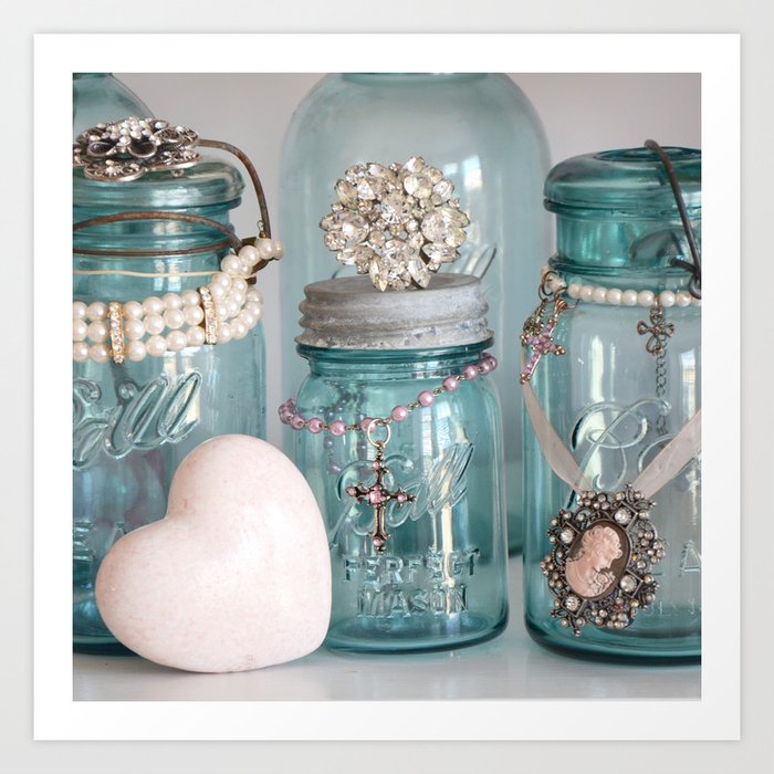 Vintage Mason Jars Shabby Chic Cottage Jeweled Decor Art Print By