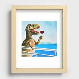T-Rex dinosaur drinking red wine and enjoying the seaview Recessed Framed Print