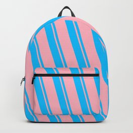 [ Thumbnail: Deep Sky Blue and Light Pink Colored Striped/Lined Pattern Backpack ]