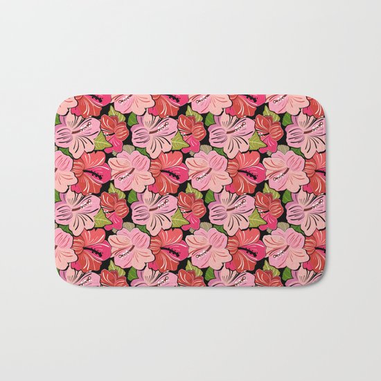 Pink Hibiscus Floral Pattern Bath Mat