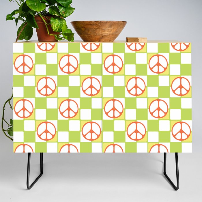 Peace Symbol On Checkerboard (Groovy Color Palette) Credenza