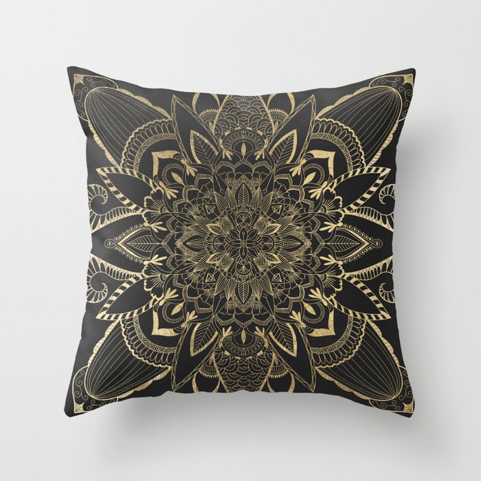 Abstract geometric black gold spiritual floral mandala Throw Pillow