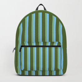 [ Thumbnail: Light Sky Blue, Dark Sea Green, and Dark Olive Green Colored Striped Pattern Backpack ]
