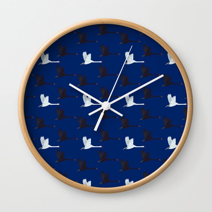 Flying Elegant Swan Pattern on Blue Background Wall Clock