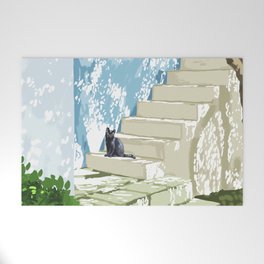 Black cat on the steps Poster, Greece Santorini summer travel pet painting Welcome Mat