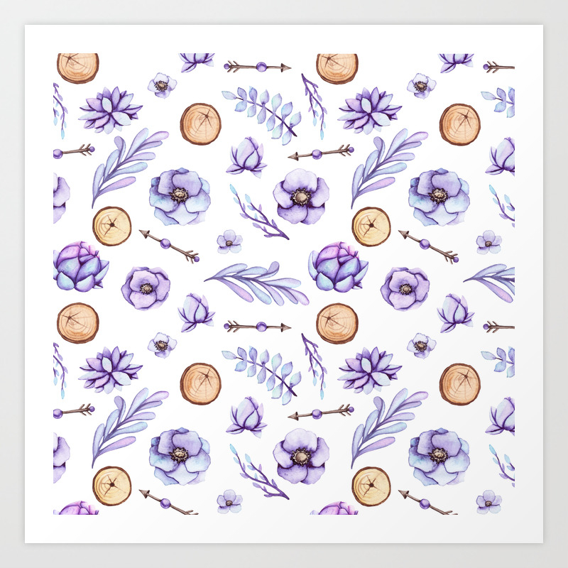Hand Painted Violet Lavender Watercolor Boho Floral Art Print By