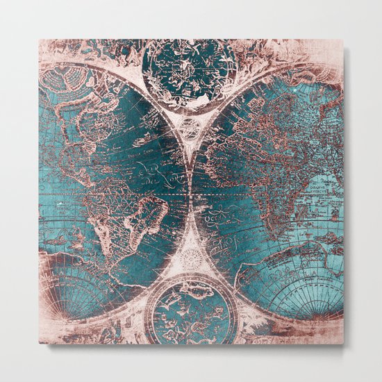 Antique World Map Pink Quartz Teal Blue by Nature Magick Metal Print
