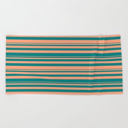 [ Thumbnail: Light Salmon & Teal Colored Stripes/Lines Pattern Beach Towel ]