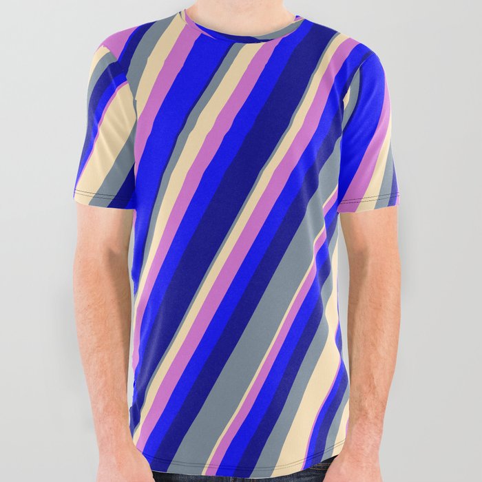 Light Slate Gray, Beige, Orchid, Blue & Dark Blue Colored Striped Pattern All Over Graphic Tee