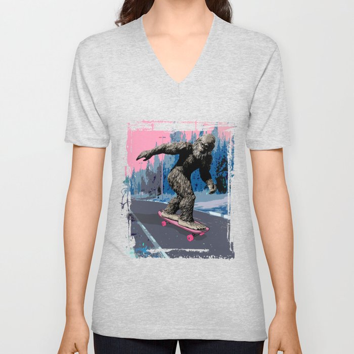 Bigfoot on Skateboard V Neck T Shirt