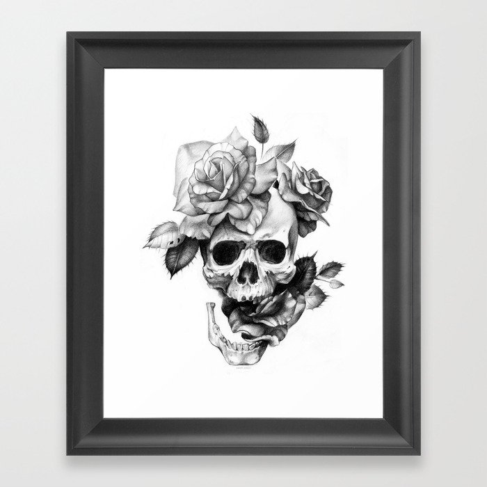 Black and white Skull and Roses Framed Art Print