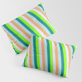 [ Thumbnail: Vibrant Chartreuse, Teal, Powder Blue, Brown, and Lavender Colored Lined/Striped Pattern Pillow Sham ]