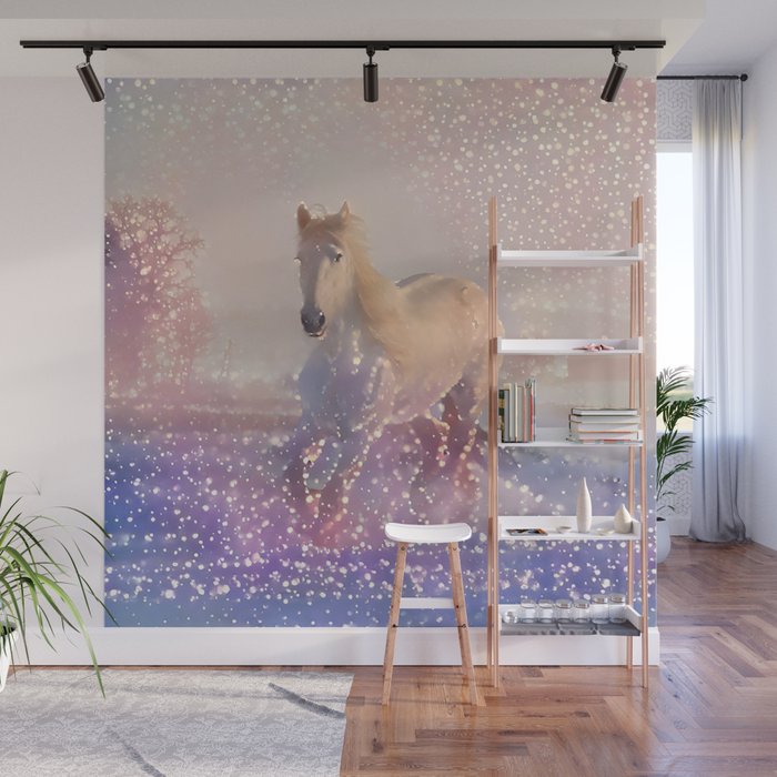 A white horse galloping in a winter snowed landscape - artistic illustration artwork Wall Mural