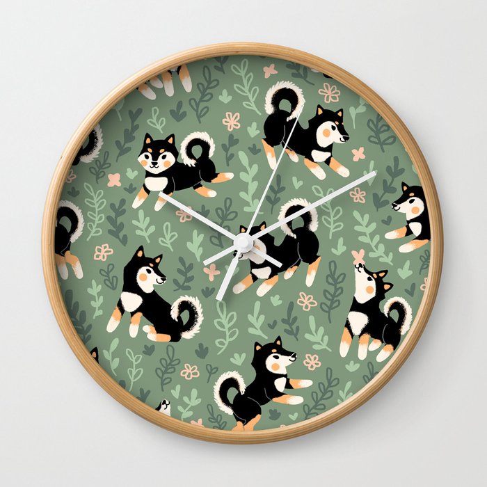 Playful Black And Tan Shiba Inu Pattern Wall Clock