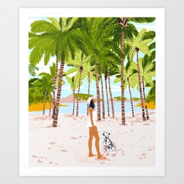 The Happy Spots, Dalmatian Dog Pets, Bohemian Woman Beach Tropical Palm Fashion Illustration Art Print