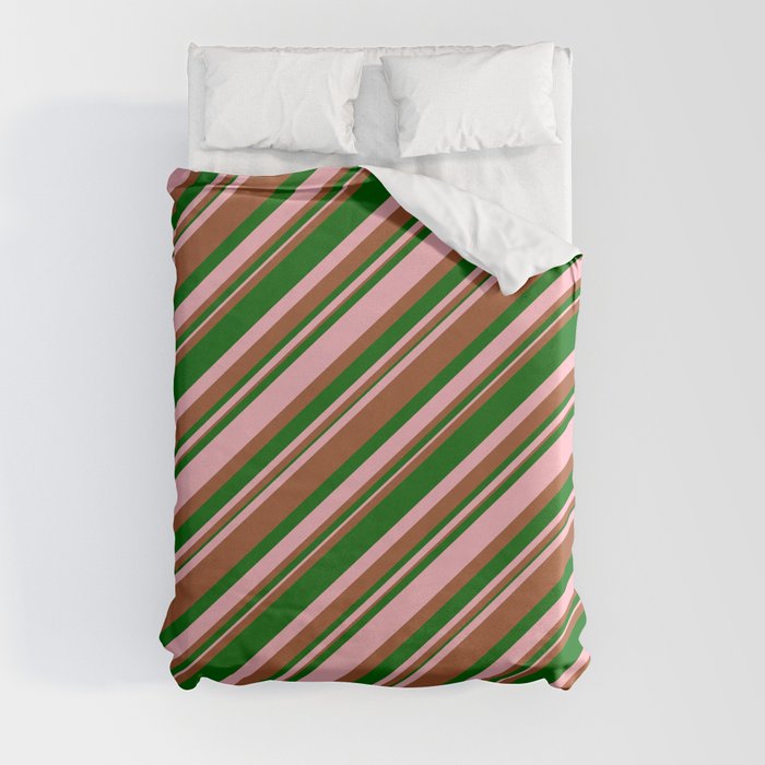 Light Pink, Sienna, and Dark Green Colored Stripes Pattern Duvet Cover