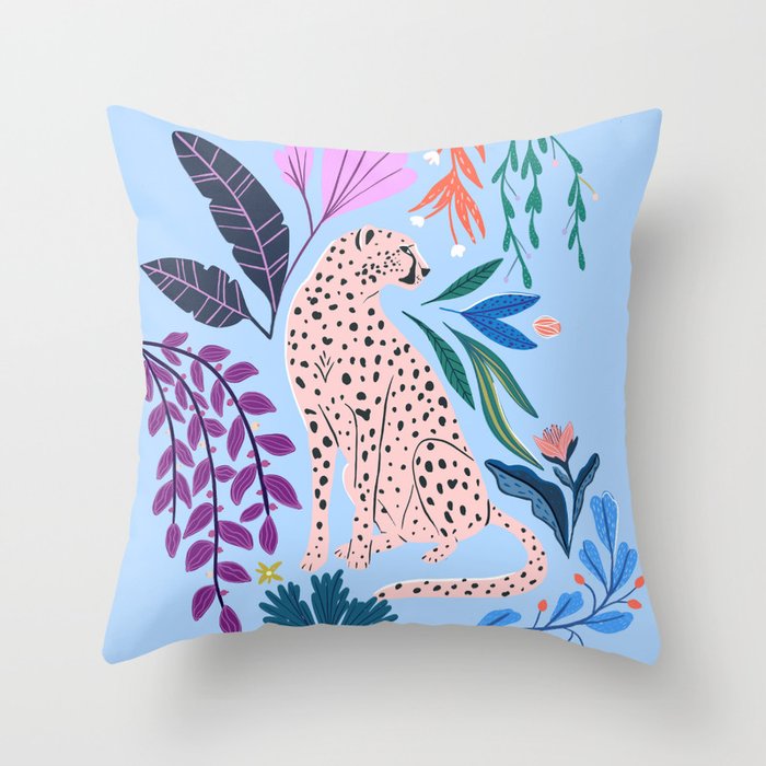 Blush pink Cheetah in jungle florals / jungle cat print /modern art Throw Pillow