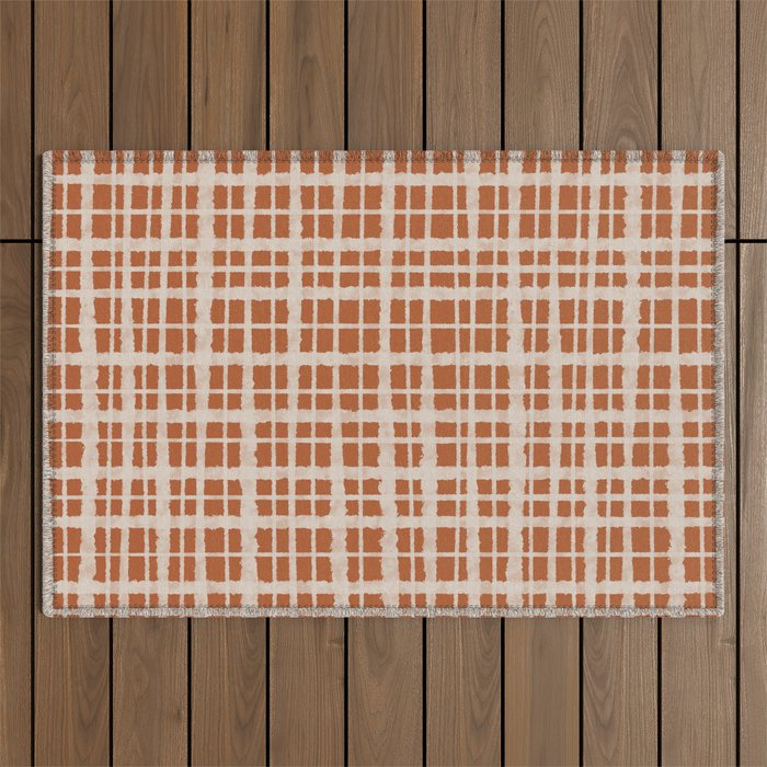 Retro Watercolor Plaid Painted Stripe Pattern in Clay and Putty Outdoor Rug