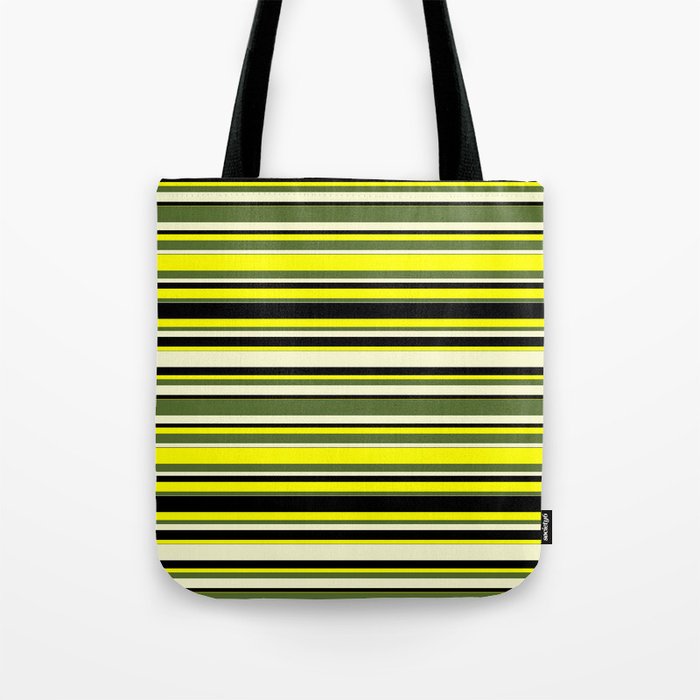 Yellow, Dark Olive Green, Light Yellow, and Black Colored Lines Pattern Tote Bag