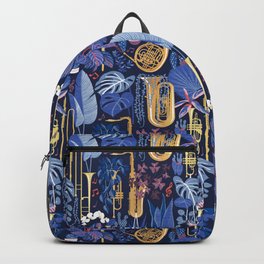 Music to my eyes // oxford navy blue background gold textured musical instruments blue indoor plants coral music notes Backpack