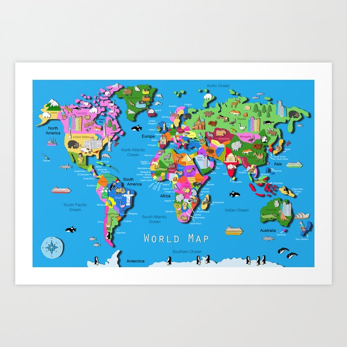 Illustrated World Map with Countries and Country Icons by Carla Daly Art Print