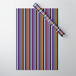 [ Thumbnail: Dark Orange, Black, Sky Blue, and Indigo Colored Striped Pattern Wrapping Paper ]