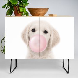 Puppy Labrador, Dog Blowing Bubble Gum, Pink Nursery, Baby Animals Art Print by Synplus Credenza