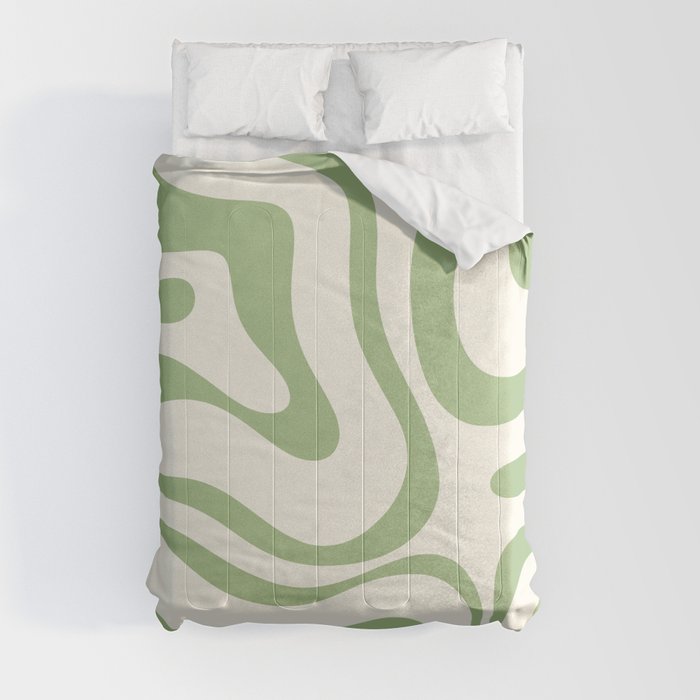 Modern Liquid Swirl Abstract Pattern in Cream and Light Sage Green Comforter